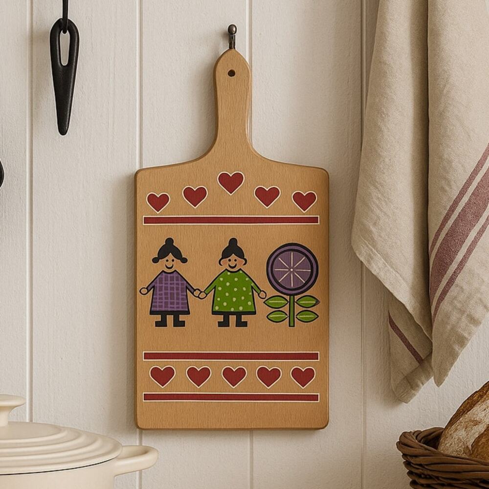 Vintage 60s Wooden Cutting Board Folk Art Dutch Girl Design 14"x7" Kitchen Decor
